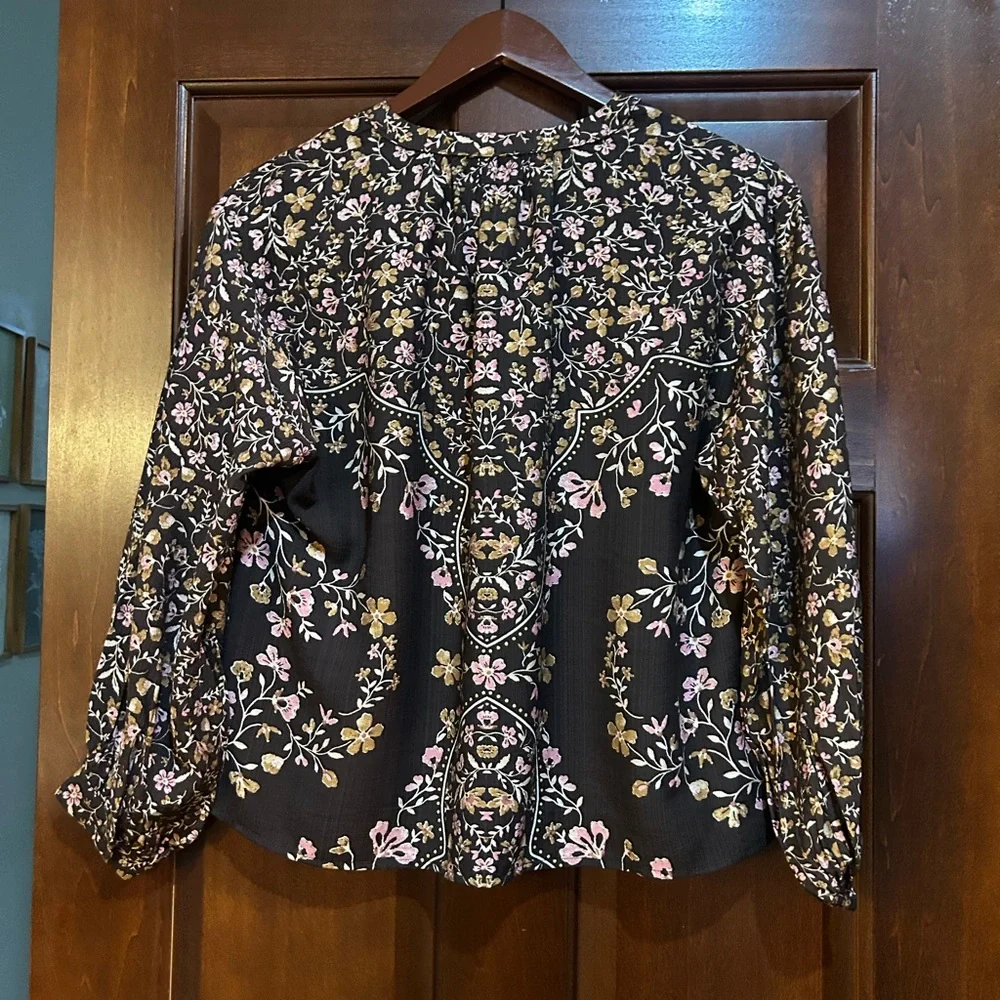 LOFT Black Floral Long-Sleeve Blouse